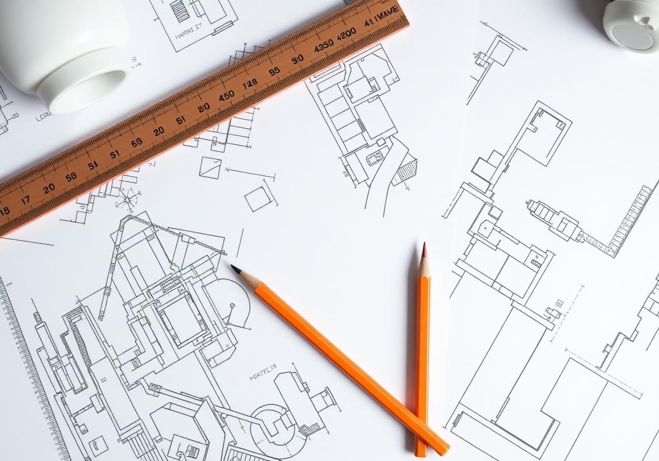Tegninger og blyant på arbeidsbord